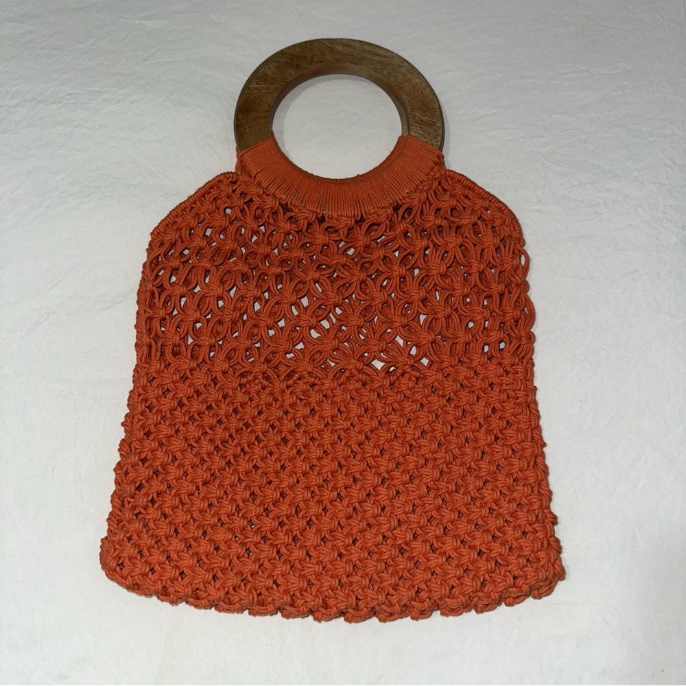 Handcrafted Orange Crochet Bag with Wooden Handle - Picture 2 of 3